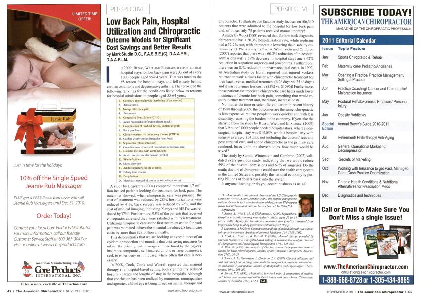 Low Back Pain, Hospital Utilization and Chiropractic Outcome Models for Significant Cost Savings and Better Results