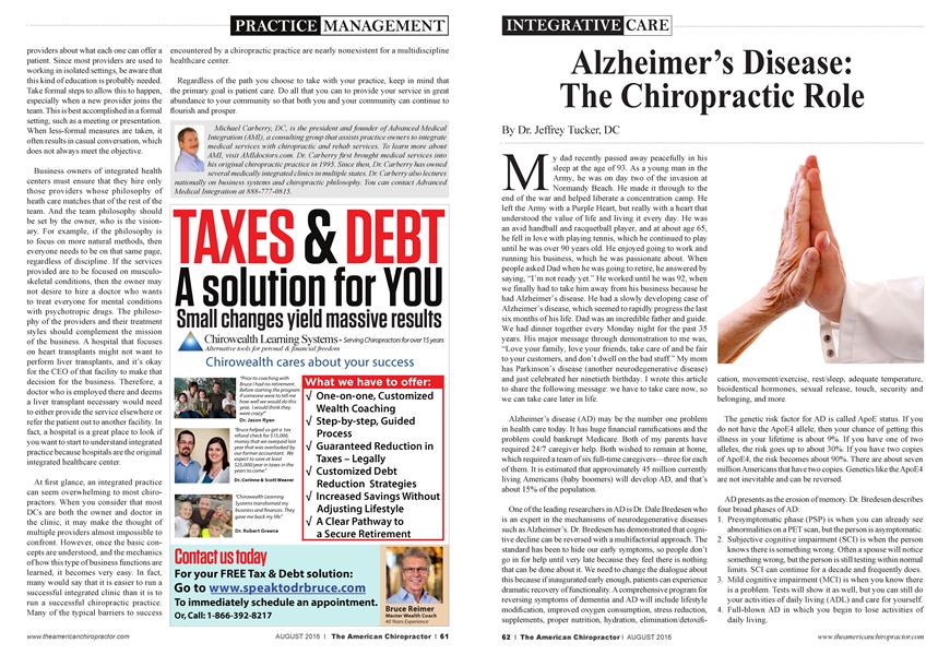 Alzheimer’s Disease: The Chiropractic Role